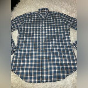 Peter Millar Button Fown Shirt Men’s Size Large Blue Brown Plaid